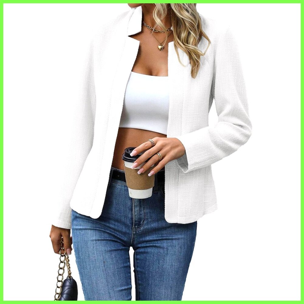 Polyester Tweed Blazer Jacket Open Front Notch Collar Work Office